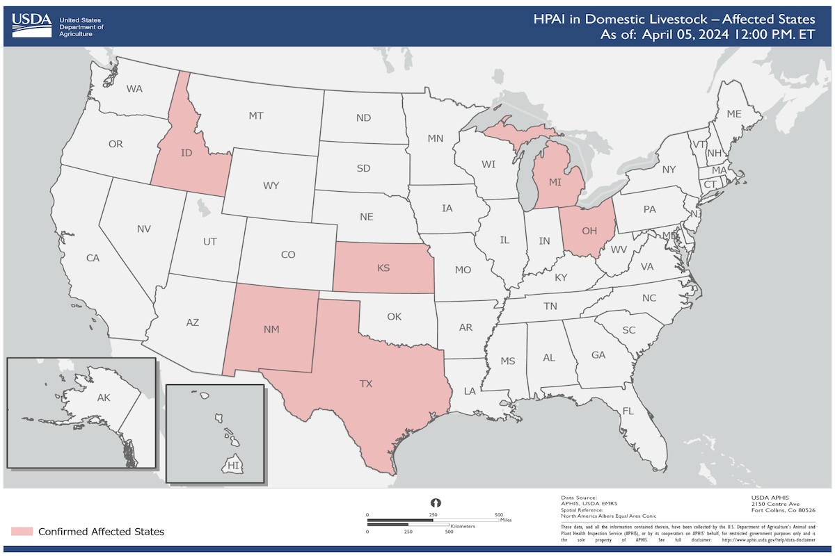 Mappa degli Stati americani ove è segnalata la presenza del virus nei bovini - Fonte Usda